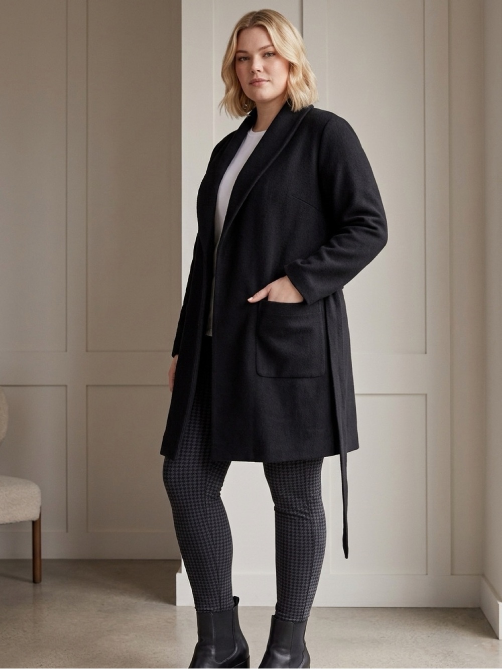 Como Vintage Black Relaxed Wrap Robe Coat with Pockets